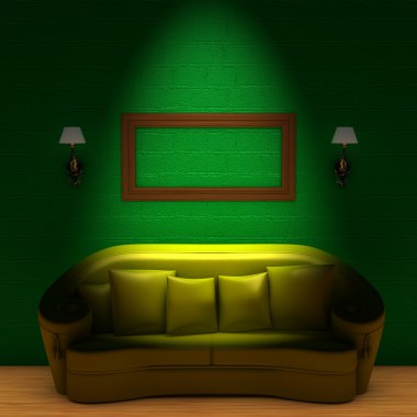 Yellow couch with empty frame and sconce clipart