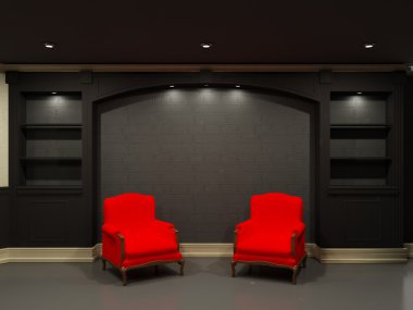 Two red chairs near empty bookcase clipart