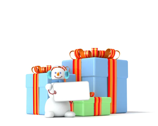 Подарункові коробки та сніговик — стокове фото