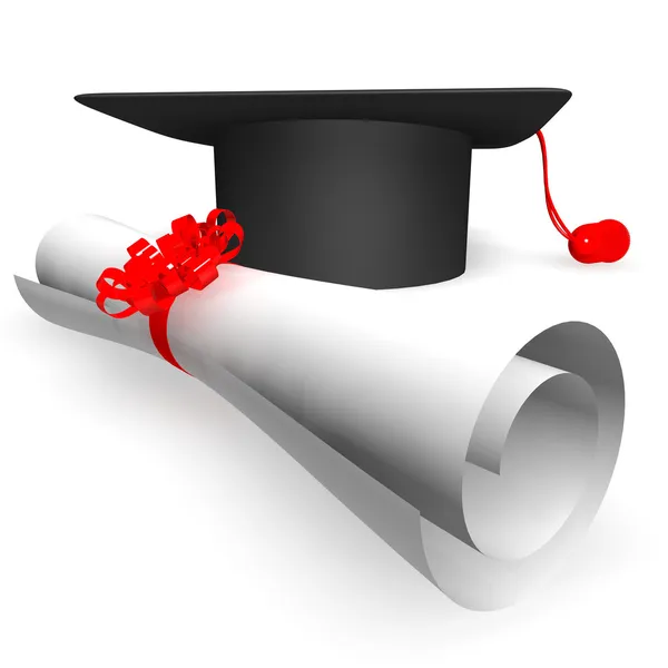 Gorra de graduación y pergamino en respaldo blanco — Foto de Stock