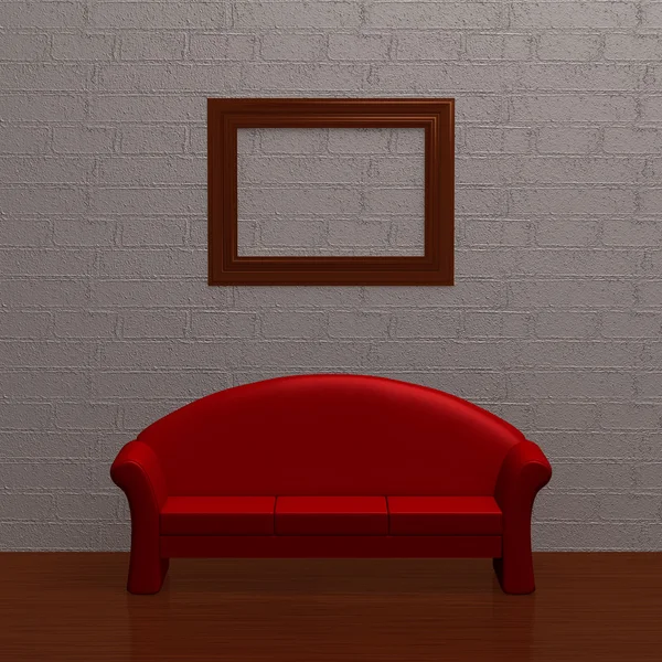 Κόκκινο καναπέ με άδειο πλαίσιο σε μινιμαλιστικό — Φωτογραφία Αρχείου