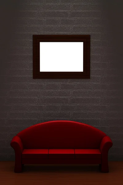 Sofá vermelho com moldura vazia em minimalista — Fotografia de Stock
