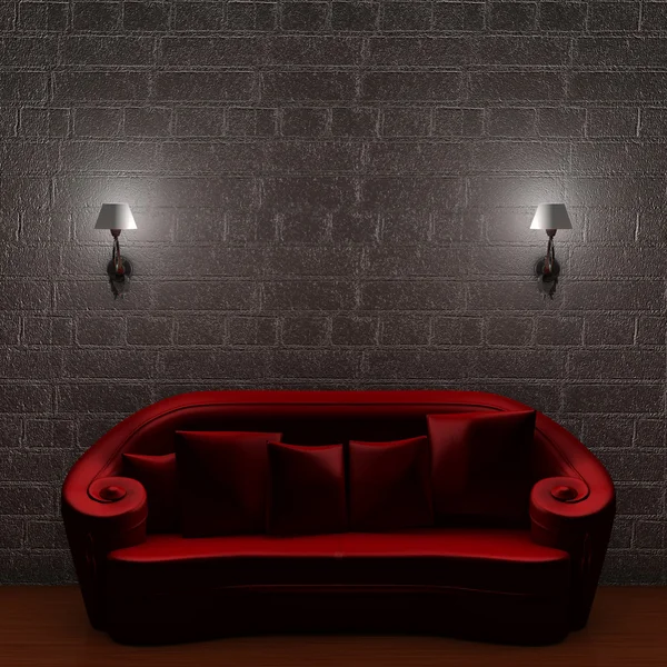Red couch with empty frame and sconces i — Stock Photo, Image