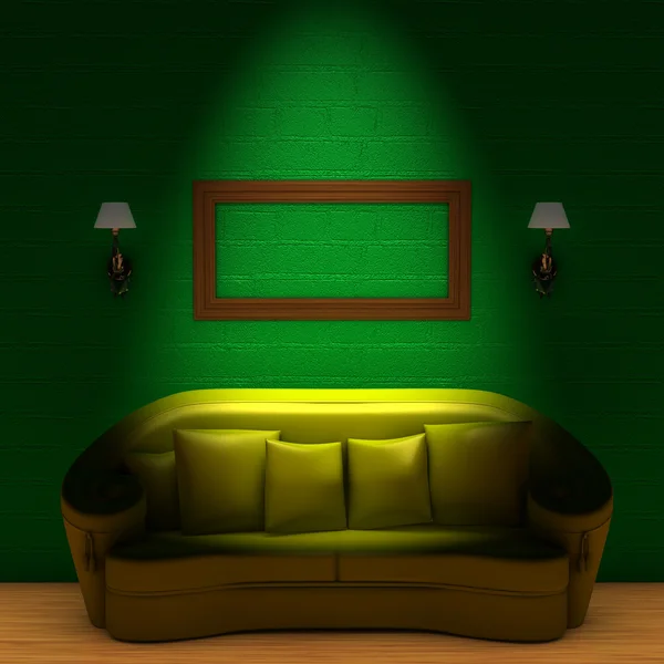 Yellow couch with empty frame and sconce — Stock Photo, Image
