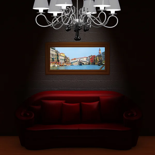 Röda soffan med minne om semester — Stockfoto