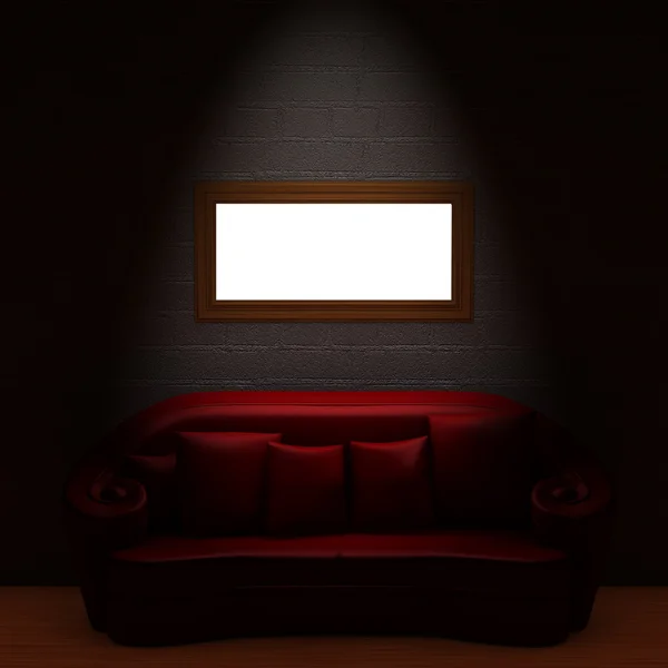 Червоний диван з порожньою рамкою в мінімалістичному — стокове фото