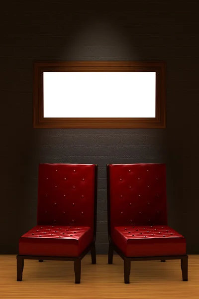Δύο κόκκινες καρέκλες με άδειο πλαίσιο στο ελάχιστο — Φωτογραφία Αρχείου
