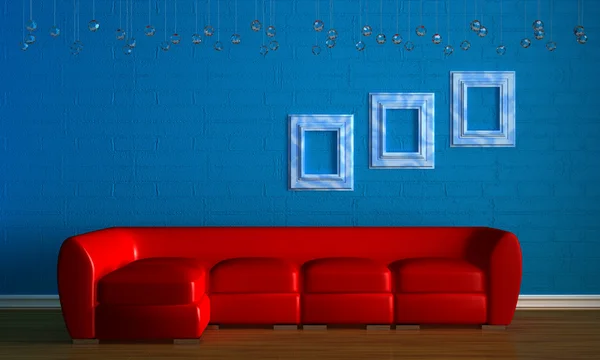 Sofá vermelho com molduras empry em minimalis — Fotografia de Stock