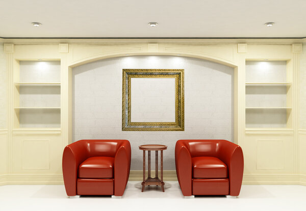 Два красных стула со столом в пустой весе
