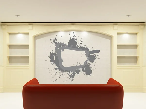 Czerwona sofa z rama rozchlapać na ścianie — Zdjęcie stockowe