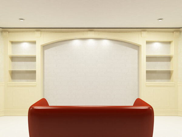 Красный диван с местом на стене
