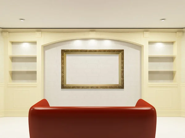 Sofá vermelho com lugar na parede para você — Fotografia de Stock