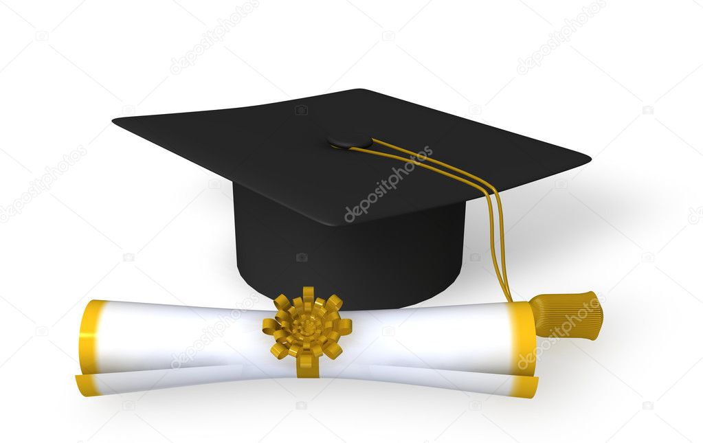 Gorra De Graduación Y Pergamino En Respaldo Blanco Fotografía De Stock