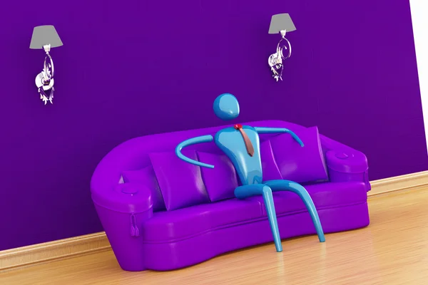 Person relaxing in purple minimalist int — Stock Photo, Image