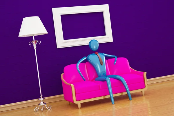 Pessoa relaxante em int minimalista roxo — Fotografia de Stock