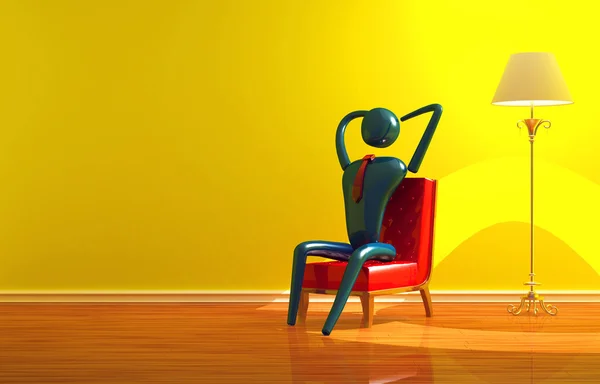 Person avkopplande i gul interiör — Stockfoto