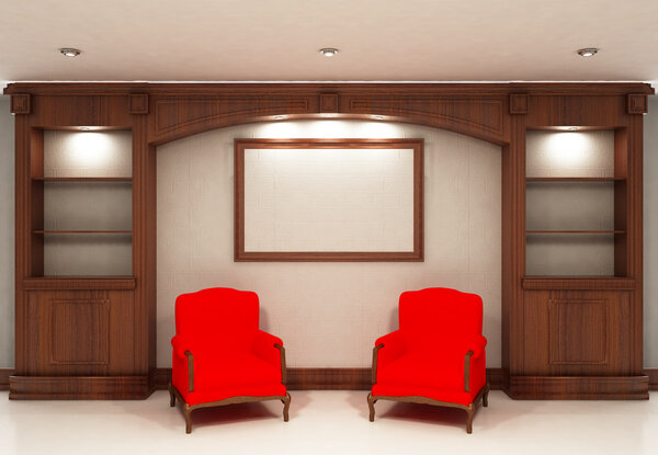 Два красных стула рядом с пустым шкафом
