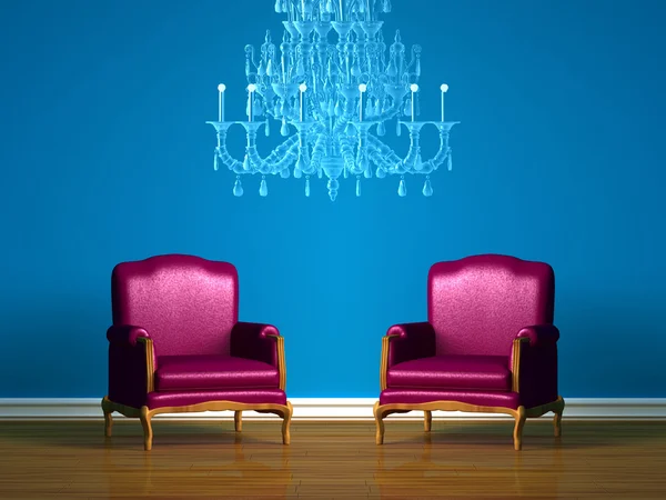 Mor koltuk mavi minimalist iç — Stok fotoğraf