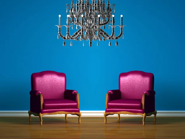 Fialové židle v modré minimalistický interiér — Stock fotografie