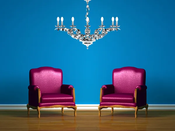 Mor koltuk mavi minimalist iç — Stok fotoğraf