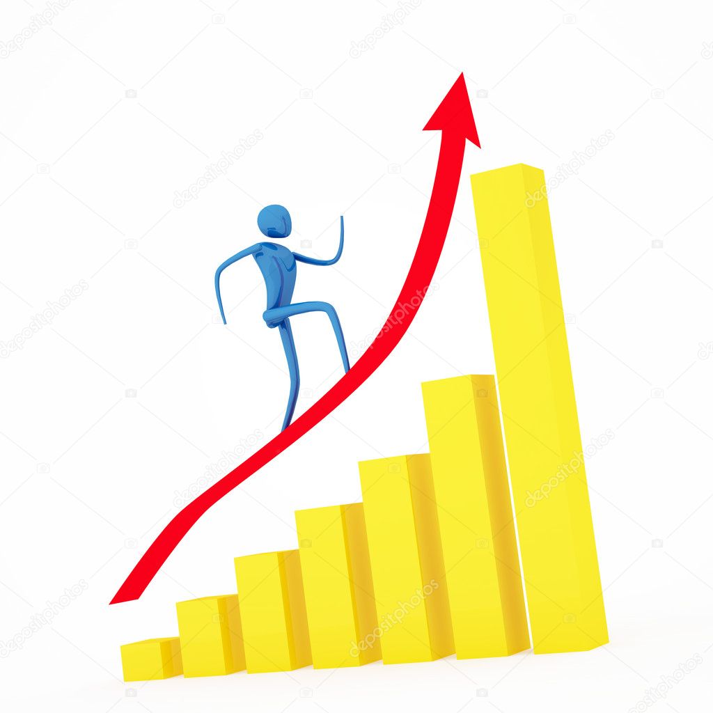 Person going up on a rising red arrow