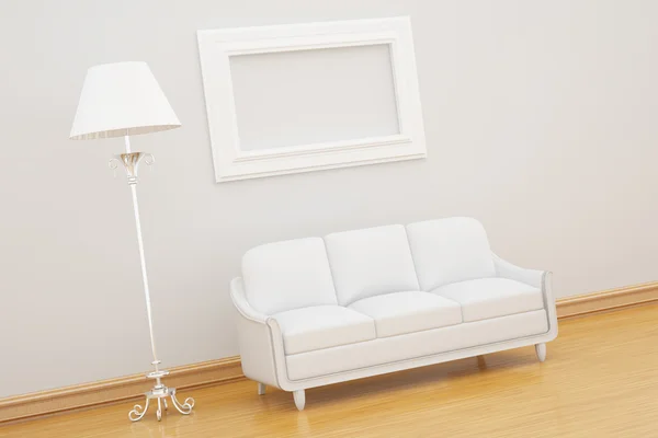White couch with empty frame and standar — Stock Photo, Image