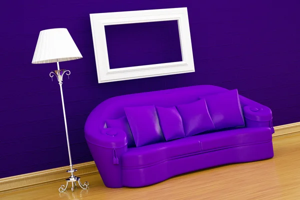 Couch with empty frame and standard lamp — Stock Photo, Image