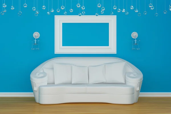 Sofa with sconces and empty frame — Stock Photo, Image