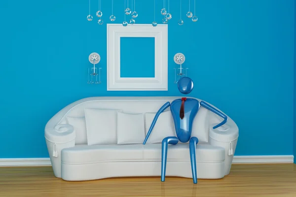 Persona relajante en el interior azul moderno — Foto de Stock