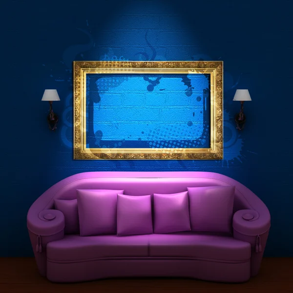 Pink couch with empty frame and sconces — Stock Photo, Image
