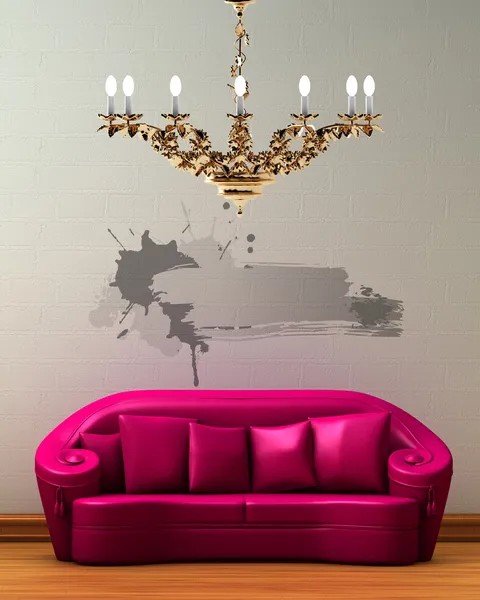 Pink couch with golden chandelier in min — Stock Photo, Image