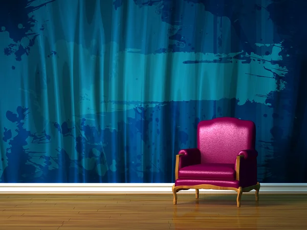 青のミニマルなインテリアで紫の椅子 — ストック写真