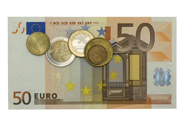 50 Euro mit Münzen — Stockfoto