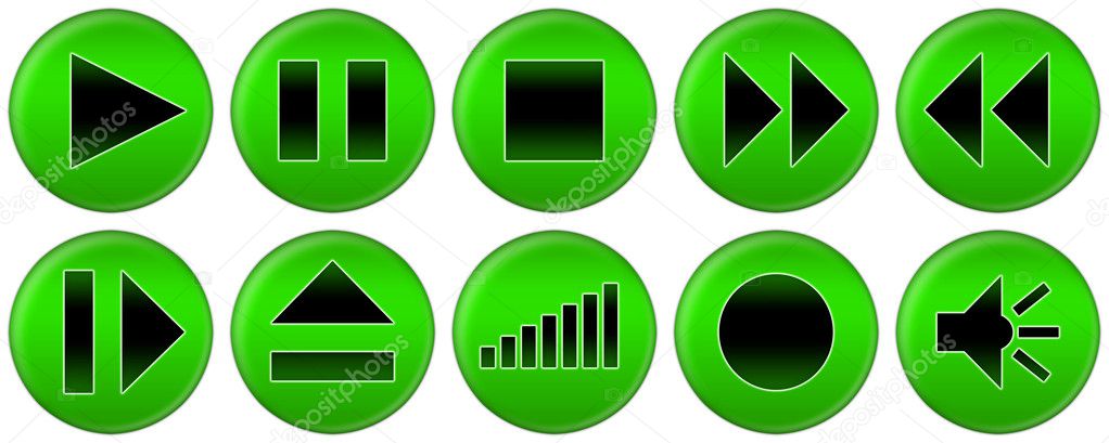 Set of green buttons for music player