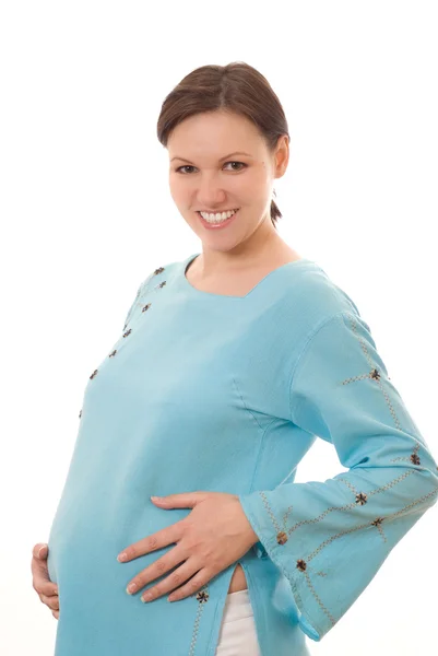 Embarazada mujer palmaditas vientre —  Fotos de Stock