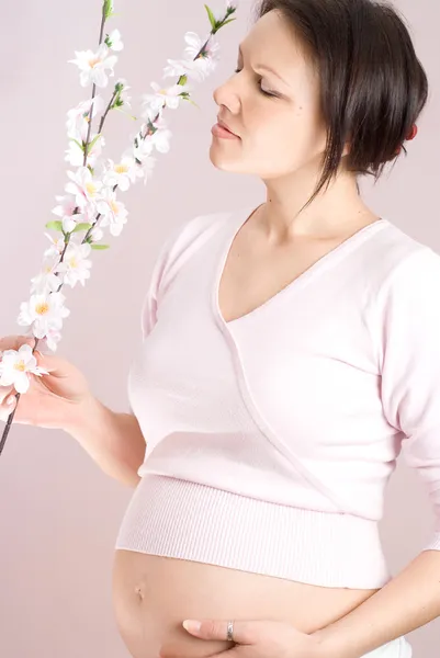 Bir çiçek tutan hamile kız — Stok fotoğraf