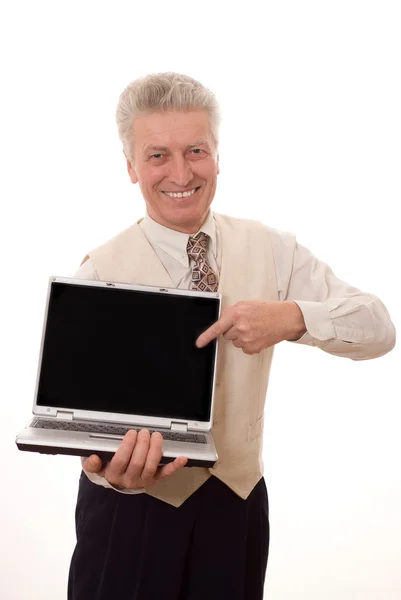 高级该名男子手持一台笔记本电脑 — 图库照片