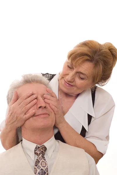 Elderly woman closes her eyes a man — Stock Photo, Image