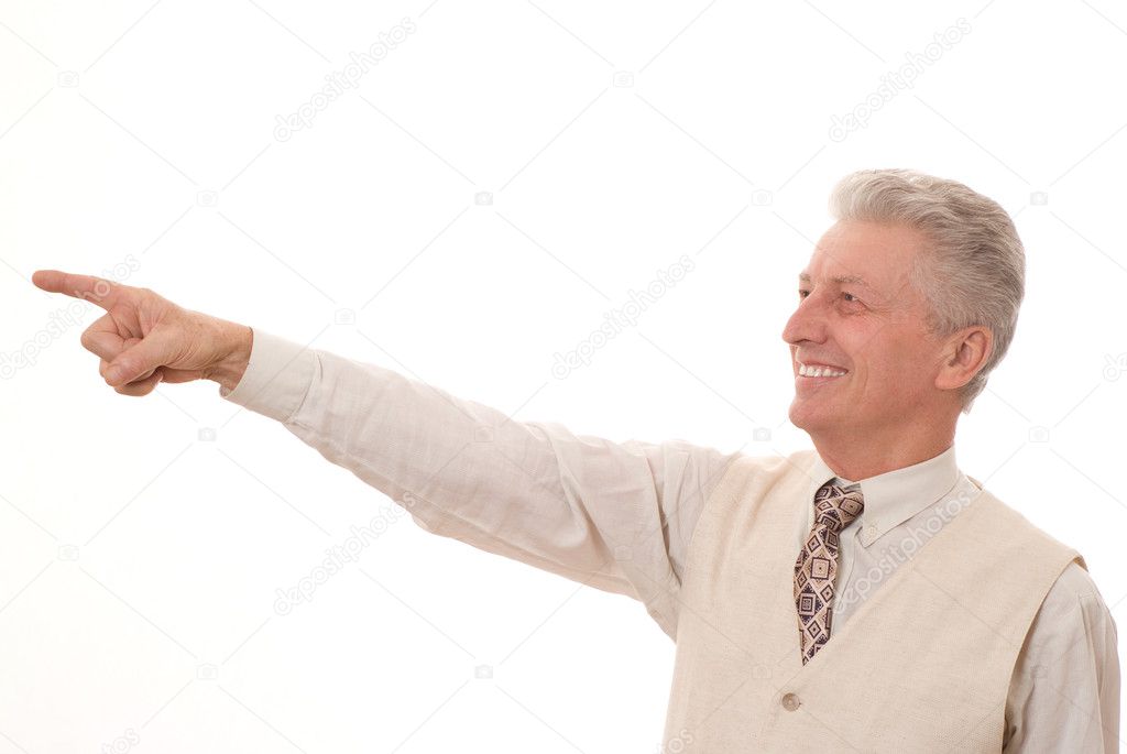 Man pointing upwards on white