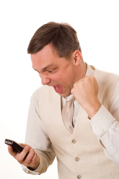 Άνθρωπος μιλώντας στο τηλέφωνο σε ένα λευκό — Φωτογραφία Αρχείου