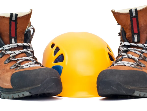 Climbing orange helmet and boots — Stock Photo, Image