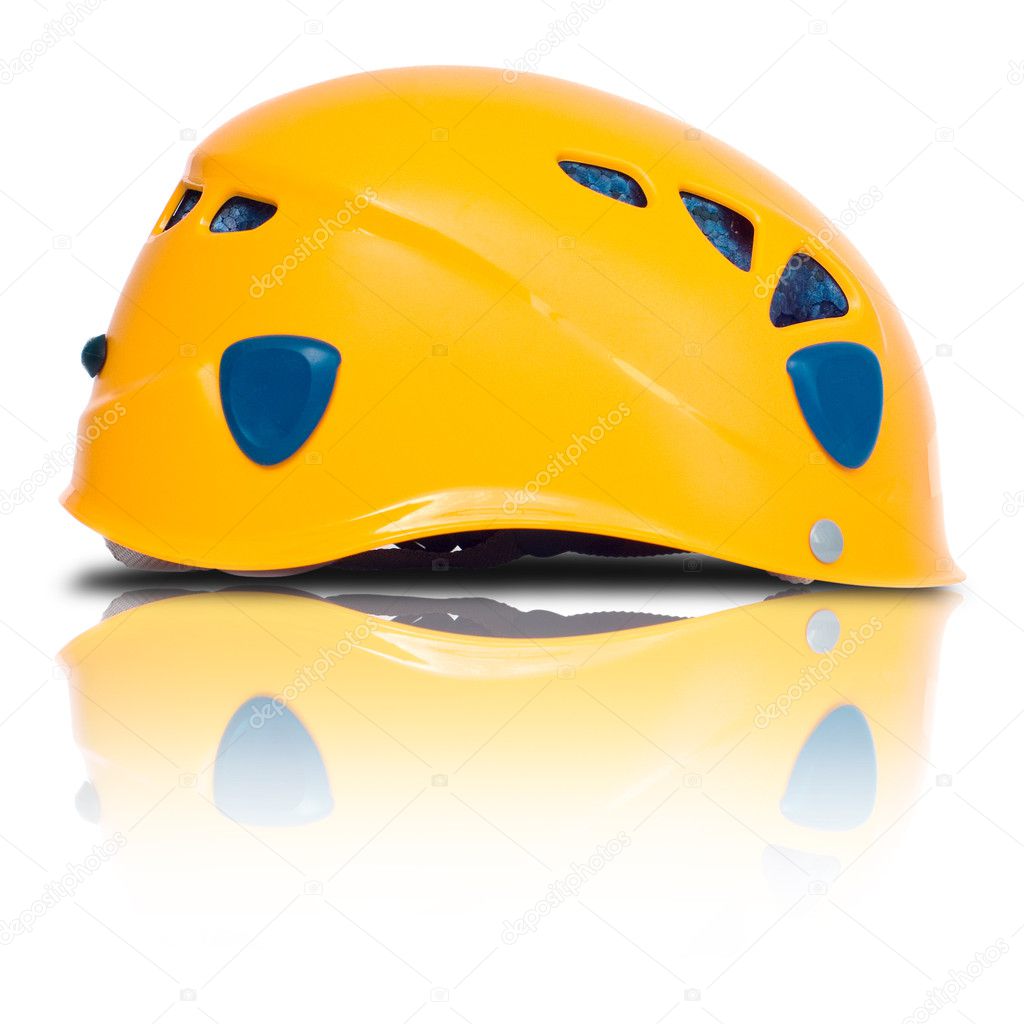 Right side view of orange climbing helme