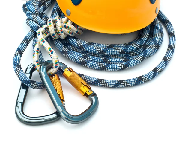 Horolezecké vybavení - karabiny, helma — Stock fotografie