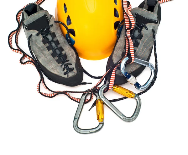 Équipement d'escalade - mousquetons, casque, corde — Photo