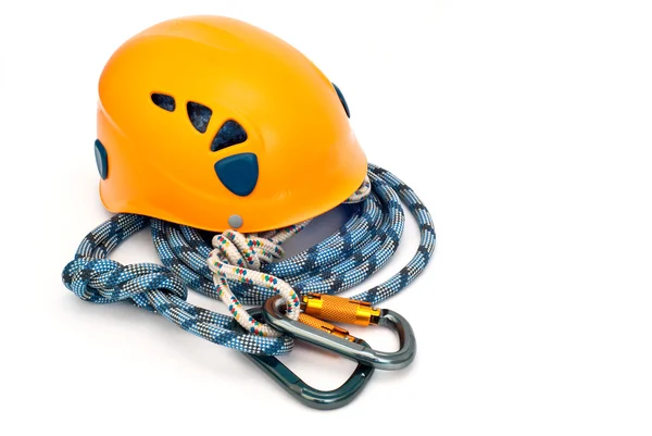 攀岩设备-安全钩、 头盔 — 图库照片