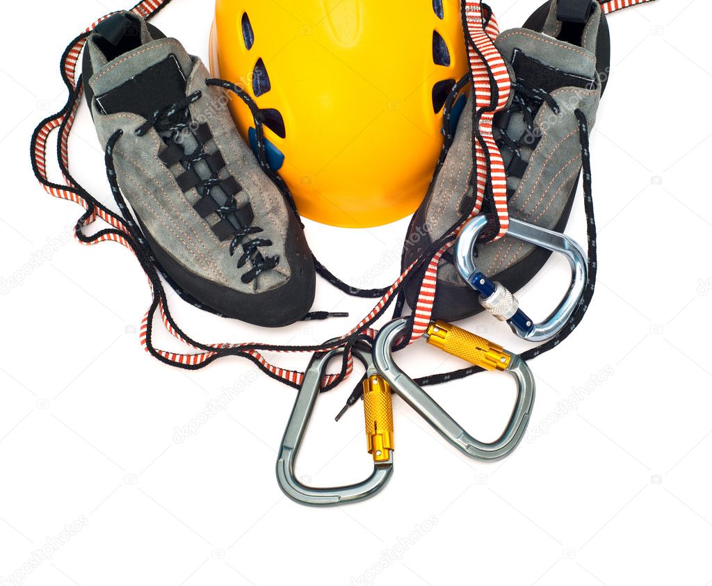 Climbing gear - carabiners, helmet, rope