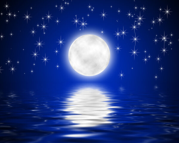 Image of the moon and stars and reflection in water of the star sky