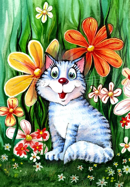 Katt i blommor — Stockfoto