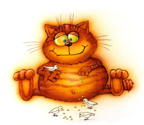 Хорошая рыжая кошка, кормящая птиц (мультфильм ) — стоковое фото