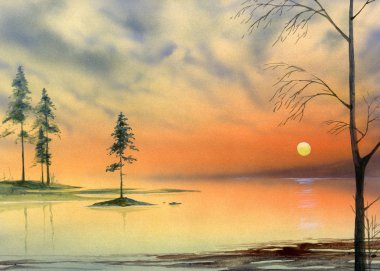 Lake sunset painting clipart